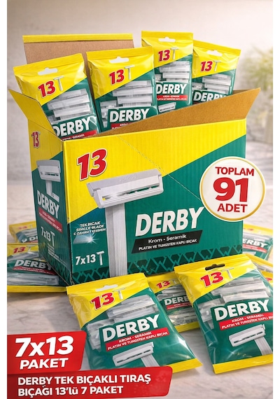 Derby Tek Bıçaklı Tıraş Bıçağı 13 Lü 7 Paket 91 Adet Krom Seramik Platin Ve Tungsten Kaplı Ekonomik