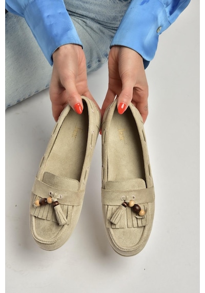 Fox Shoes Y602347002 Bej Süet Püsküllü Kadın Günlük Ayakkabı Bej