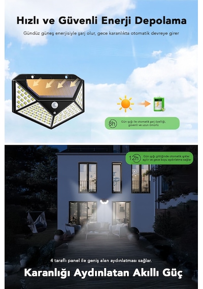 20 Adet Güneş Enerjili Duvar Lambası - Solar 100 Led Işık 3 Modlu Hareket Sensörlü Bahçe Aydınlatma Siyah