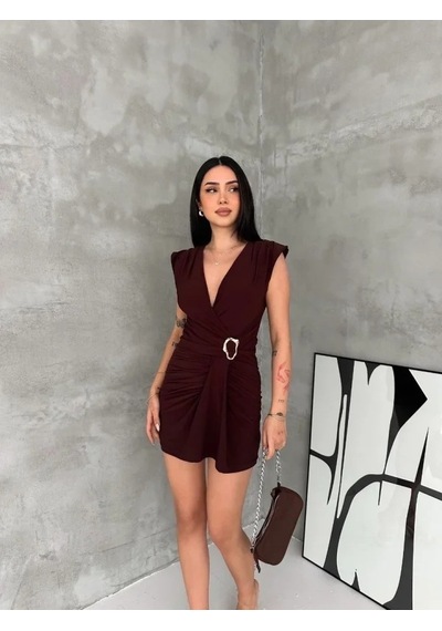 Valensdesign Kruvaze Drapeli Tokalı Mini Elbise Şık Gece Davet Abiye - Kahverengi