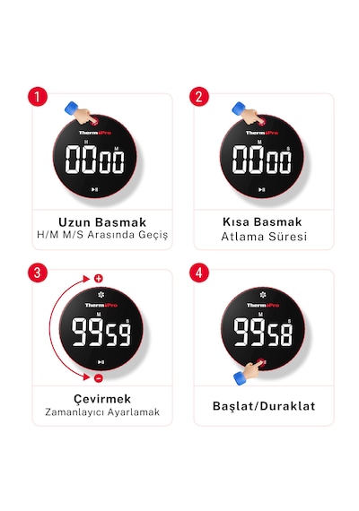 TM04 99 Saat Kapasiteli Çevirmeli Dijital Mutfak ve Ders Zamanlayıcısı, Geniş LED Ekranlı Mıknatıslı Kronometre