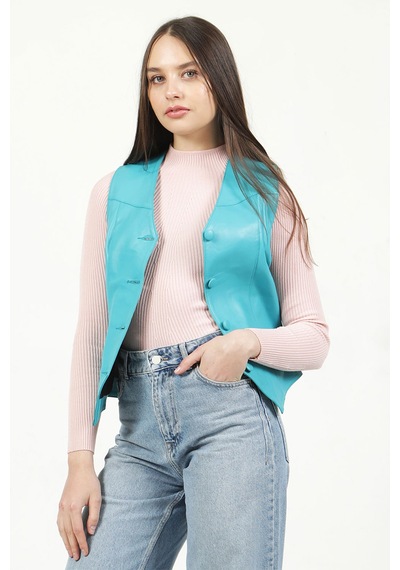 Dericlub Vittoria Kadın Düğmeli Slim Fit Hakiki Deri Yelek Turkuaz