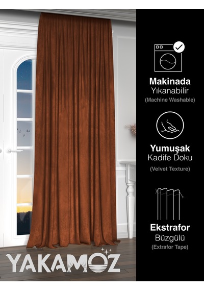 Yakamoz Kadife Görünüm Kiremit Renk Ada Fon Perde Ekstraforlu Velvet Touch Serisi Kiremit