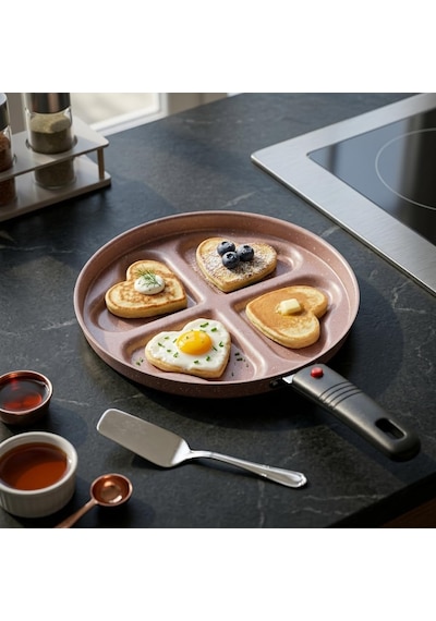 Papilla Redio Romantik 24 Cm Kalpli Pankek Ve Omlet Tavası - 4 Gözlü, Çıkarılabilir Saplı Yanmaz Yapışmaz Bölmeli Tava Pembe Çok Renkli