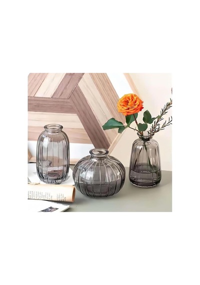 Chacha Home Luxury 3'lü Minimalist Dekor Cam Vazo - Füme Füme