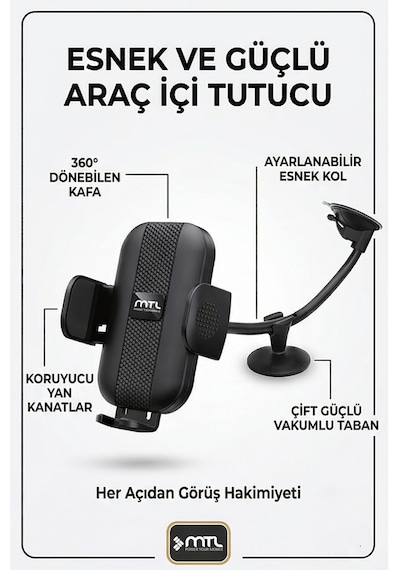 Extra Uzun Güçlü Esnek Kollu Dayanıklı Araç İçi Telefon Tutucu Otomatik Kilitli Güçlü Vantuz Siyah