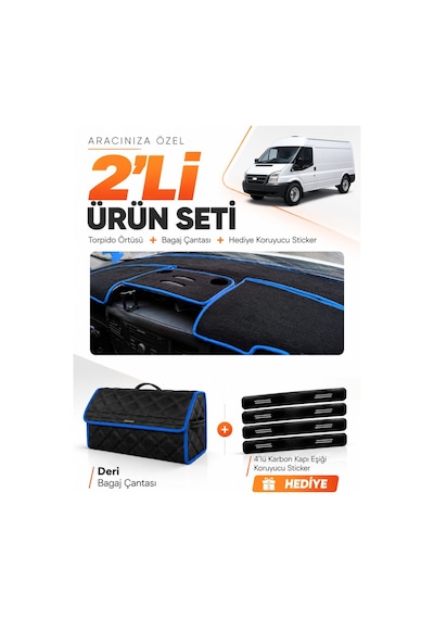 E-biz Ford Transit 2007-2012 Uyumlu Torpido Örtüsü + Deri Bagaj Çantası Seti - Siyah-mavi - Fo029