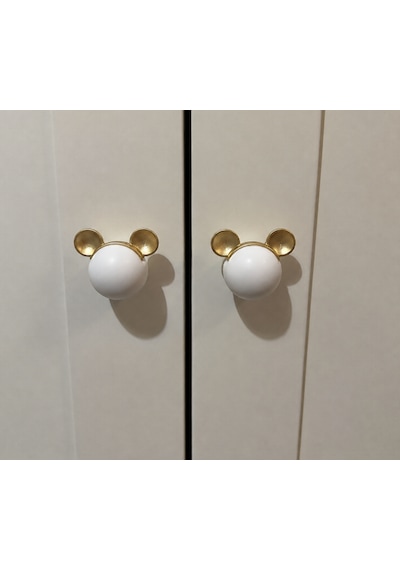 Ömürdepo Fare Mickey Mouse Kulp Dolap Çekmece Seramik Çinko Alaşımı Beyaz