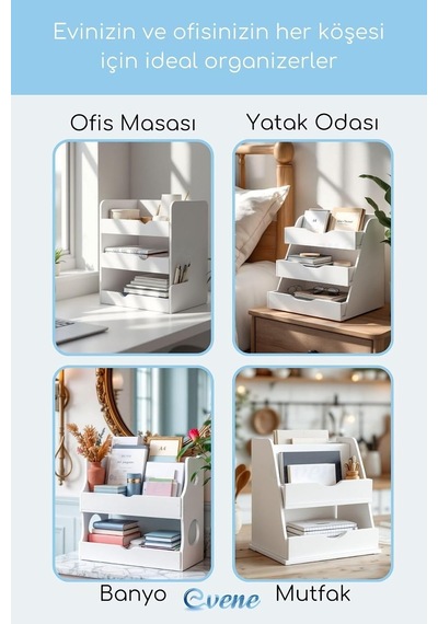 Evene Dosya Düzenleyici Masa Üstü Organizer Ahşap Enanrak Raflı Model 1, Beyaz, Evene