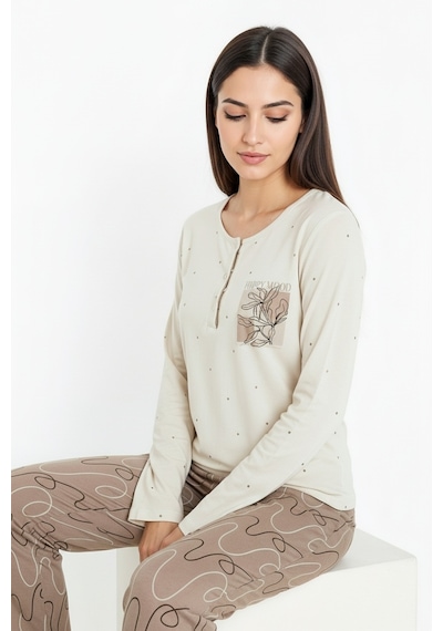 Üstü Puantiyeli Altı Çizgi Desenli Elite Viscose Uzun Pijama Takımı Krem 3569 Kahverengi