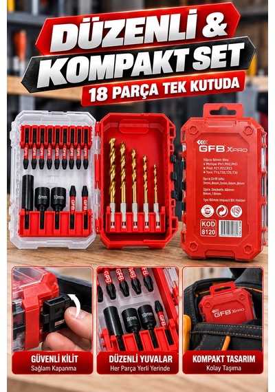 Gfb X-pro 18 Parça Bits & Matkap Ucu Seti 50 Mm Vidalama Uçları, 3-8 Mm Matkap Uçları, Somun Uçlar