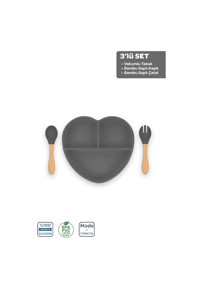 Silikon Beslenme Seti 3'lü Platinium Gri / Mama Tabağı, Bambu Saplı Mama Kaşığı Ve Çatalı Gri