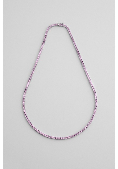 Pembe Taşlı 18 Ayar Beyaz Altın Kaplama 42 Cm Gümüş Su Yolu Kolye
