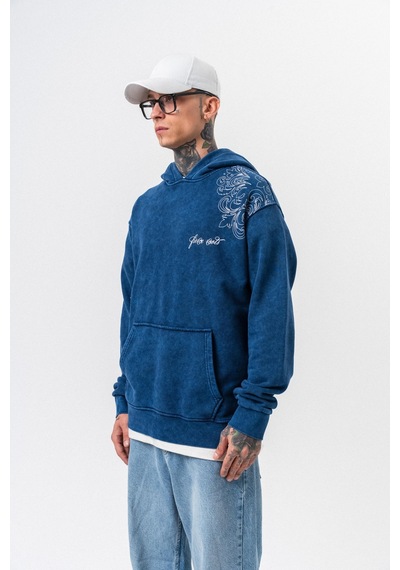 Respire Erkek Fierce Baskılı Yıkamalı Kapüşonlu Oversize Hoodie İndigo