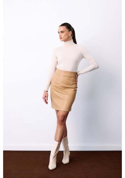 Sateen Şardonlu Deri Etek - Bej-135487 Bej