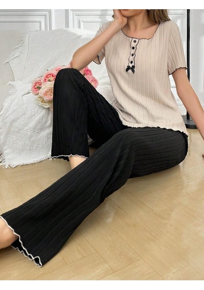 Bella Notte Pamuklu Süs Düğmeli Kısa Kollu Pijama Takımı Siyah