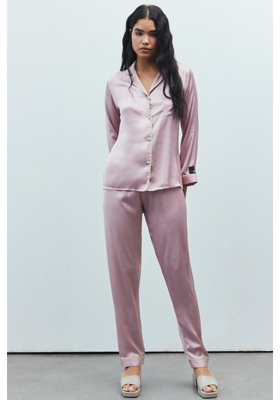 Amour Gül Kurusu Uzun Saten Pijama Takımı GÜL KURUSU