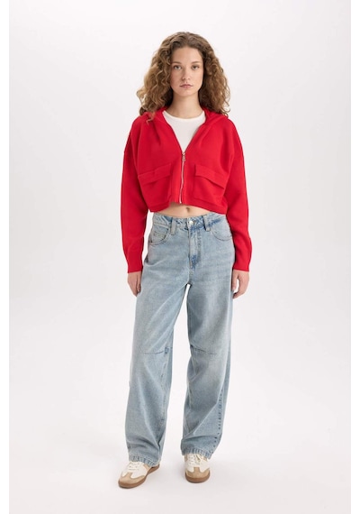 DeFacto Regular Fit Kapüşonlu Basic Düz Fermuarlı Triko Hırka E2270AXNSRD335 Kırmızı