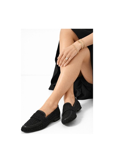 Mery Ceyn Taşlı Küt Kare Loafer Şık Babet Siyah-siyah
