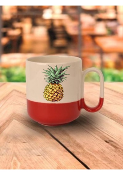 Ananas Baskılı Kırmızı Tabanlı Kupa Bardak - Seramik Çay, Kahve Hediyelik Bardağı Beyaz
