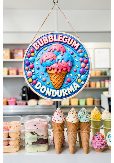 Bubblegum Dondurma Görselli Ahşap İpli Kapı Duvar Süsü Eğlence Merkezi Panosu