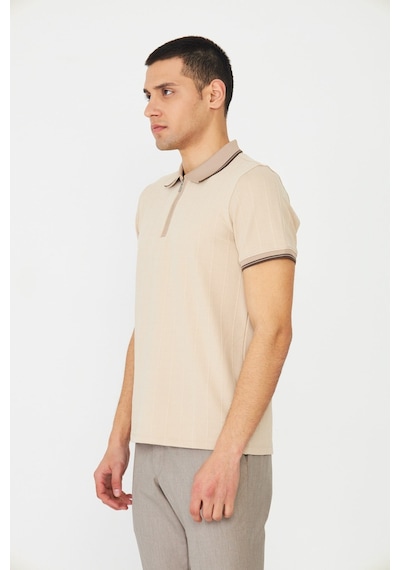 Bej Modern Kesim Fermuarlı Polo Yaka Erkek T-shirt Bej