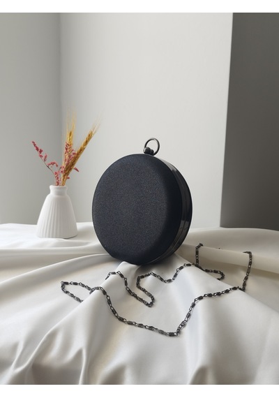Vivazzaluxe Modern Yuvarlak Model Simli Düğün Nişan Gelin Kadın Abiye Clutch Çanta Siyah