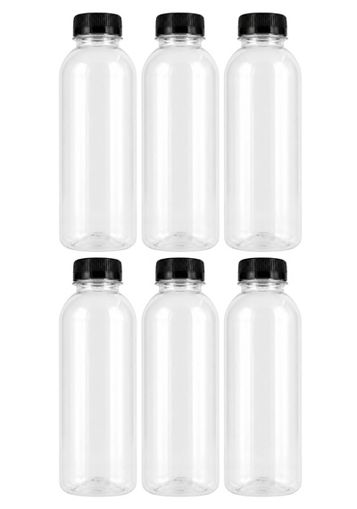 6 Adet Yuvarlak Plastik Şişe 500ml Siyah Kapaklı Şeffaf