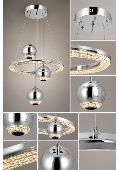 Modern Premium Krom Küreli 3 Renkli Ledli Sarkıt Avizesi Salon Mutfak Çocuk Odası Şık Modelleri 84w Beyaz