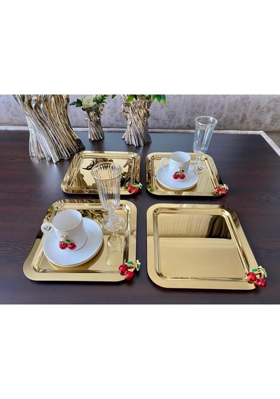 Atabey Home Collection 6 Adet Kahve & Çay & Sunum Tepsisi Gold Tepsi Kiraz Dökümlü