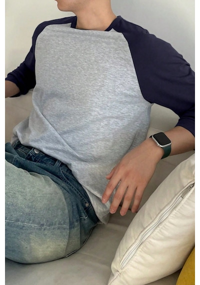 Tarz Cool Erkek Reglan Kol Uzun Kollu Basic Tişört Süprem %100 Cotton Bisiklet Yaka Rahat Kalıp Mavi