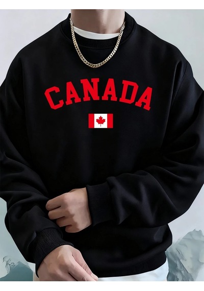 Startmore Tarzsokak Kanada Baskılı Bayraklı Erkek Kapüşonlu Üstleri Sonbahar Bol Sweatshirt Hip Hop Yuvarlak Yaka Siyah