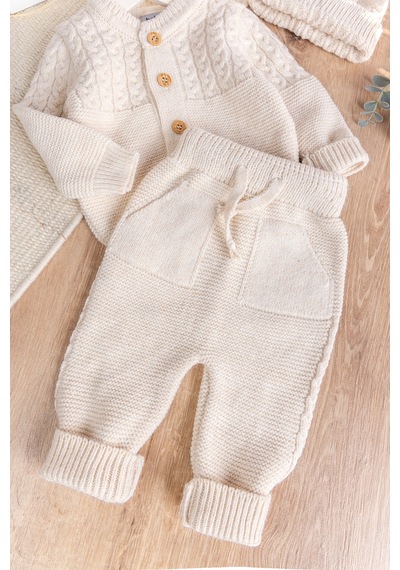 Babymod Triko Yumuşak Dokulu Bereli Kışlık Örgü Kız Erkek Bebek Takım Set Bej