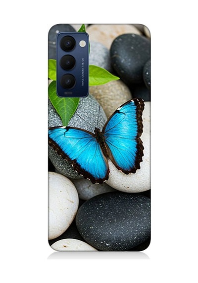 Tecno Camon 18 Uyumlu Mavilikte Taş Üzerinde Kelebek Desenli Silikon Kılıf Çok Renkli