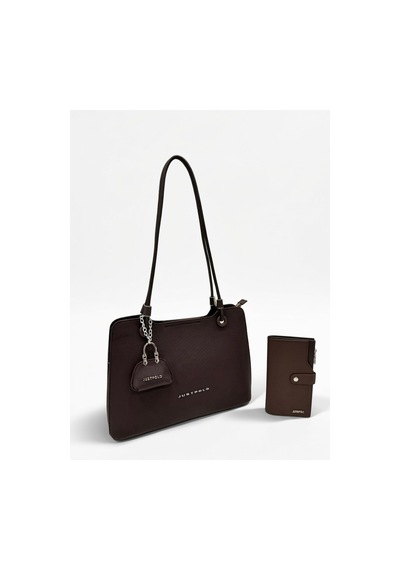 Just Polo Kadın Büyük Boy Premium Gümüş Logolu El Çantası Ve Cüzdanı Kombin Tote Bag Ebat : 22 X 34 Cm Kahverengi Kombin