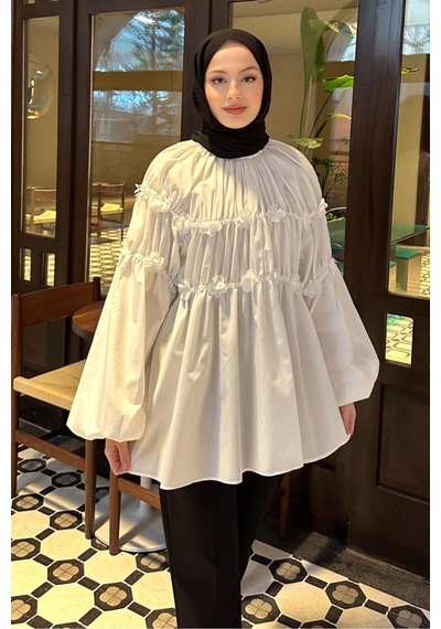 Unika Boutique Mini Çiçekli Kadın Tesetettür Gömlek Beyaz