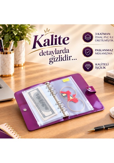 Birikim Ajandası - Birikim Cüzdanı Bütçe Planlayıcı Ajanda Şeffaf Mor Mekanizmalı 5 Adet Fermuarlı Dosya Birikim Kartı Hediyeli Şeffaf - Mor