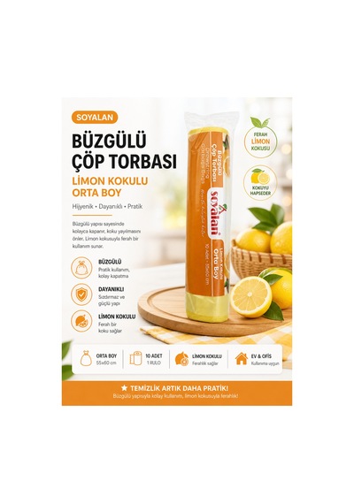 Büzgülü Çöp Poşeti Limon Kokulu 55x60 Cm Orta Boy 4 Rulo Dayanıklı Sızdırmaz Kalın Çöp Torbası