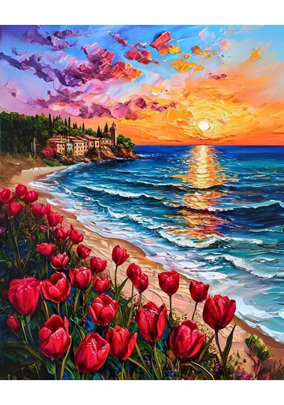 Sayılarla Boyama Numaralı Tuval Seti Fırça Boya Dahil 40x50cm - Kırmızı Laleler Ve Günbatımı Sahil