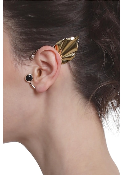 Kadın Altın Renk Lak Kaplama Taşlı Yaprak Stilizesi Sol Kulak Earcuff & Kıkırdak Küpe Çok Renkli