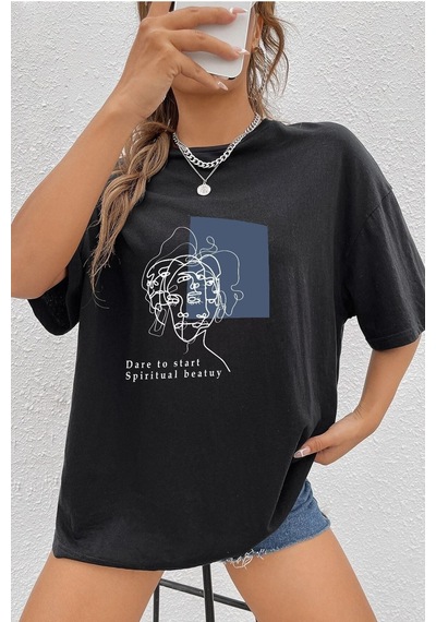Unisex Minimal Line Drawing Baskılı Kısa Kol T-shirt SIYAH