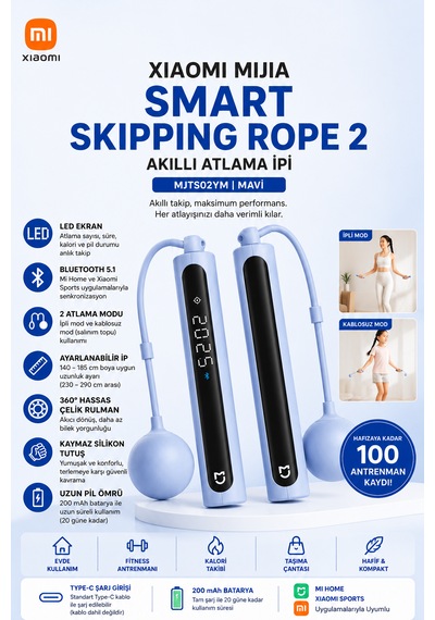 Mijia Smart Skipping Rope 2 Akıllı Atlama İpi Led Ekran Bluetooth 5.1 Ayarlanabilir 3 Metre Gerçek Zamanlı Antrenman Rehberi, Veri Kaydı Ve Analizi