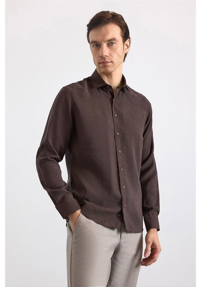 Süvari Koyu Kahve Slim Klasik Yaka Düz Casual Gömlek Gm1008400352-kh9