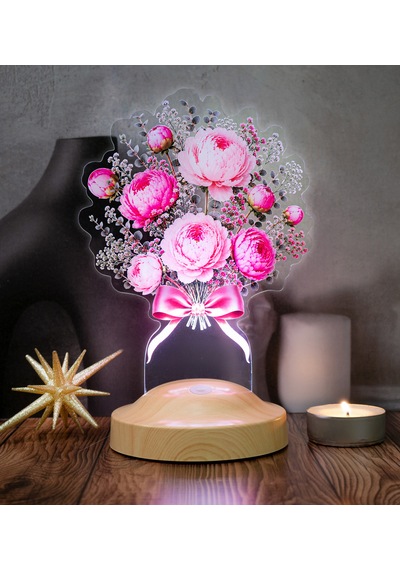 Pembe Şakayık Çiçek Buketi Led Lamba, Anneye, Sevgiliye Ve Kadına Zarif Hediye, Şık Peony Şakayık Aranjmanı Pembe Şakayık Lamba