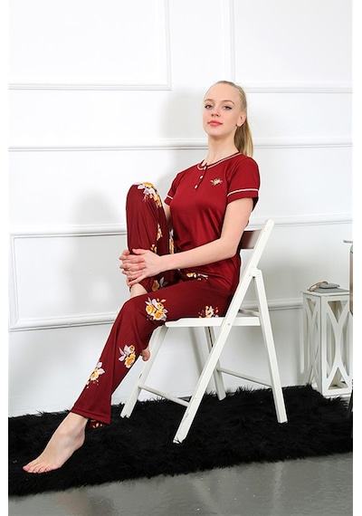 Akbeniz Kadın Bordo Kısa Kol Pijama Takım 20388 - S Bordo