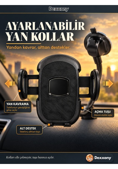 Dexxony A03 Araç İçi Telefon Tutucu Esnek Kollu Vantuzlu Destek Ayaklı Torpido Ve Cam 360 Derece