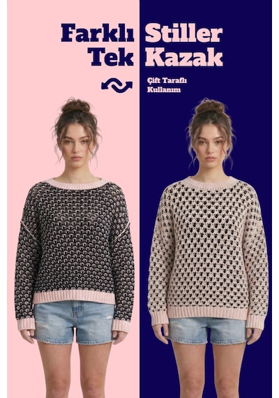Neden Tekstil Çift Taraflı Triko Kazak Özel Tasarım İki Yönlü Kullanımlı File Dokulu Kazak - Pembe-lacivert