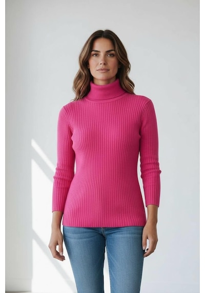 Miss Poem Kadın Fuşya Fitilli Balıkçı Yaka Slim Fit Triko Kazak Fuşya
