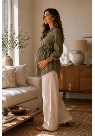 Luvmabelly Myra4300 Doğal Müslin Yazlık Hamile Gömlek Bluz - Yeşil