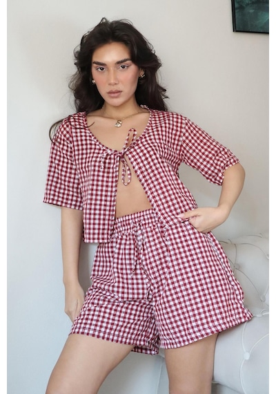 Madmext Bordo Pötikareli Şort Bluz Takım Mg2373